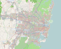 Mapa konturowa Sydney, po prawej znajduje się punkt z opisem „Taronga Zoo”