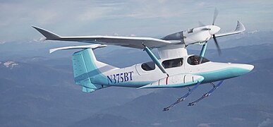 Rutan SkiGull – parasol-winged airplane that can land on dry land, snow, calm water, and waves; can fly 8 miles on electric power alone