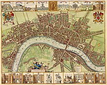 Map of London from Westminster to Wapping, with small pictures of London landmarks at the bottom