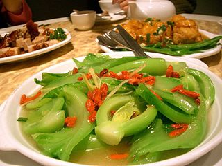 Cantonese-style braised mustard greens, with wolfberries