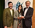 Humanist of the Year Alf Dubs (right) alongside Andrew Copson and Pavan Dhaliwal from Humanists UK in 2016.