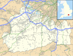 Mapa konturowa Surrey, blisko centrum na lewo znajduje się punkt z opisem „Guildford”