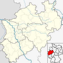 Mapa konturowa Nadrenii Północnej-Westfalii, po lewej znajduje się punkt z opisem „Krefeld-Linn”