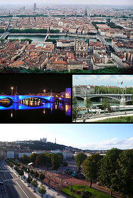 Tap, Lyon, wi the auld ceety in the foregrund. Centre, the Pont Bonaparte, at nicht, an the Pont Lafayette. Bottom, the Place Bellecour, wi the Basilica o Oor Lady an the Tour Metal in the backgrund.