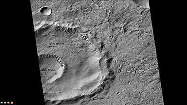 Gasa Crater, as seen by CTX. Note: Gasa Crater is the smaller crater. It is believed the impact that created Gasa occurred in a debris-covered glacier.