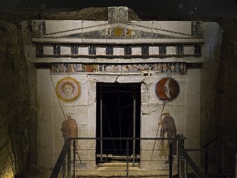 Ancient Greek Doric pilasters and entablature of the Tomb III, Agios Athanasios, Greece, 325-300 BC