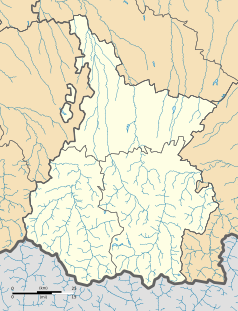 Mapa konturowa Pirenejów Wysokich, blisko centrum na lewo znajduje się punkt z opisem „Lourdes”