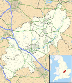 Mapa konturowa Northamptonshire, po prawej znajduje się punkt z opisem „Raunds”