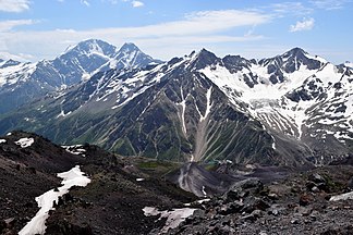 Mount Elbrus, view of the mountain from Mir station (3500 m)