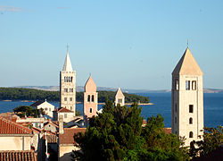 I quattro campanili di Arbe visti dalla torre di San Cristoforo