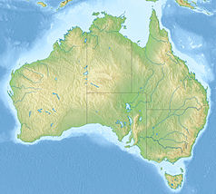 Mapa konturowa Australii, blisko centrum na prawo znajduje się punkt z opisem „ujście”