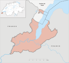 Mapa konturowa Genewy, blisko centrum na dole znajduje się punkt z opisem „Pałac „Les Délices””