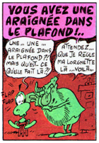 dessin humoristique, titre : vous avez une araignée dans le plafond ; un personnage vert regarde dans l’oreille d’un autre personnage vert