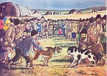 An illustration showing two men holding dogs as they prepare to fight. A large crowd surrounds them.