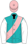 Green, Pink sash and cap, White sleeves