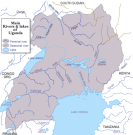 Meren in Oeganda en aangrenzende landen: Edwardmeer (Lake Edward), Albertmeer (Lake Albert), Kyogameer (Lake Kyoga) en Victoriameer (Lake Victoria).