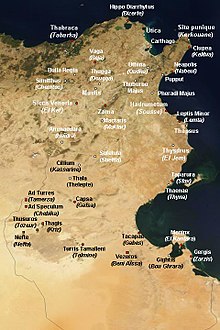 Carte de la Tunisie avec l'identification de sites archéologiques.
