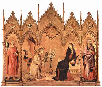 An altarpiece with a golden background and a frame surmounted by five richly carved Gothic pediments. Centre, the Virgin Mary, who has been reading, turns in alarm as the Angel Gabriel kneels to the left. The angel's greeting "Ave Maria, Gratia Plena" is embossed on the gold background. The figures are elongated, stylised and marked by elegance. There are saints in the side panels.