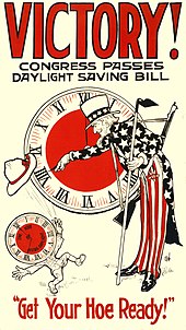 Poster titled "VICTORY! CONGRESS PASSES DAYLIGHT SAVING BILL" showing Uncle Sam turning a clock to daylight saving time as a clock-headed figure throws his hat in the air. The clock face of the figure reads "ONE HOUR OF EXTRA DAYLIGHT". The bottom caption says "Get Your Hoe Ready!"