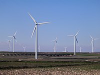 A wind farm of about a dozen three-bladed white wind turbines.