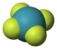 Um modelo da molécula química, com um átomo central azul (Xe) simetricamente ligado a quatro átomos periféricos verdes (F).