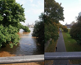 Blick von der Dresdner Marienbrücke während und nach der Flut 2013