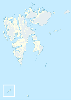 Mapa konturowa Svalbardu, po lewej znajduje się punkt z opisem „Nybyen”