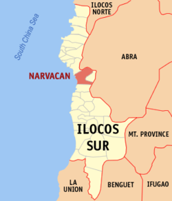 Mapa ng Ilocos Sur na nagpapakita sa lokasyon ng Narvacan.