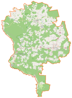 Mapa konturowa powiatu żarskiego, blisko lewej krawiędzi nieco u góry znajduje się punkt z opisem „Zasieki”