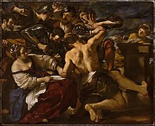 Peinture représentant Samson saisi par plusieurs hommes.