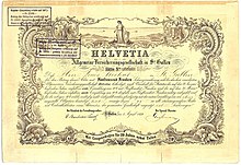 Gründer-Namensaktie der Helvetia Allgemeine Versicherungsgesellschaft in St. Gallen über 5.000 Franken, ausgegeben am 1. April 1859