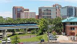 A Blue Line MetroLink train approaching downtown Clayton