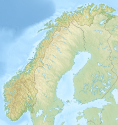 Mapa konturowa Norwegii, blisko górnej krawiędzi znajduje się punkt z opisem „Vanna”