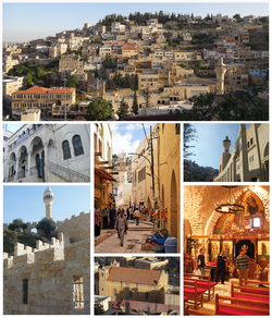 Clockwise from the left top: As-Salt's skyline, Great Mosque of As-Salt, St. George Church, Latin Church, As-Salt Castle, As-Salt Archaeological Museum, Al-Hammam Road and As-Salt Small Mosque.