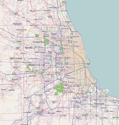 Mapa konturowa Chicago, po prawej znajduje się punkt z opisem „Trump International Hotel and Tower”