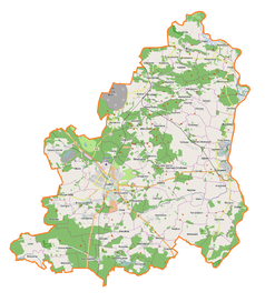 Mapa konturowa powiatu lubińskiego, blisko centrum na dole znajduje się punkt z opisem „Lubin”