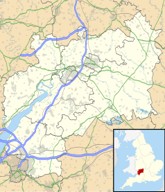 Mapa konturowa Gloucestershire, blisko lewej krawiędzi znajduje się punkt z opisem „Broadwell”