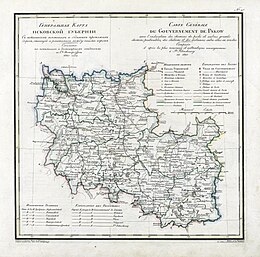 Carte du gouvernement de Pskov en français et russe, avec les différents ouïezds.