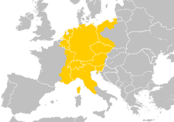 The Holy Roman Empire at its greatest territorial extent imposed over modern borders, s. 1200–1250