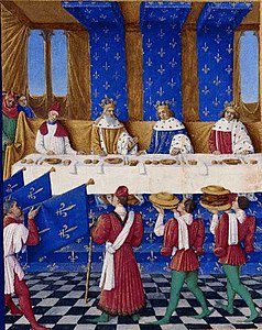 A banquet hosted by Charles V of France in honour of Charles IV, Holy Roman Emperor in the Great Hall (1378)