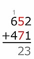 5+7=12 Die 1 wird als Übertrag der nächsten (links benachbarten) Ziffernspalte zugeschlagen.