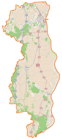 Mapa konturowa powiatu tczewskiego, w centrum znajduje się punkt z opisem „Pustki”