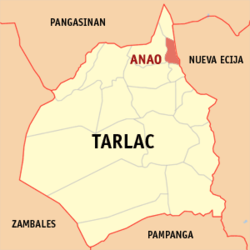 Mapa ng Tarlac na nagpapakita sa lokasyon ng Anao.