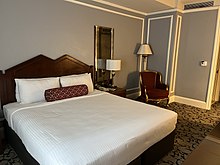 A bed in one of the rooms in the Biltmore Hotel in Los Angeles