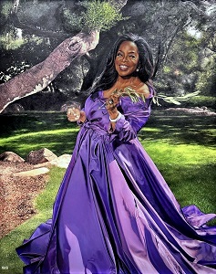 Portrait of Oprah Winfrey wearing a purple dress