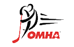 Stylized hockey player holding a hockey with OMHA in red block letters