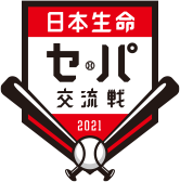 A logo in the shape of a pentagon with Japanese text in front of two crossed baseball bats