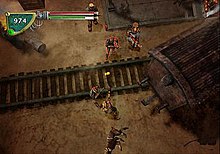 A screenshot of Fallout: Brotherhood of Steel. The image is from a top-down perspective. The player character is aiming their gun at two enemies in a rail yard.