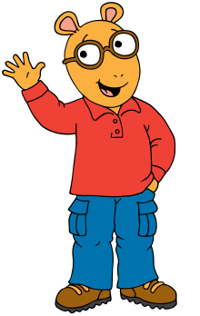 Arthur, unlike the TV series, is seen here with a red shirt, baggy jeans, and brown shoes.