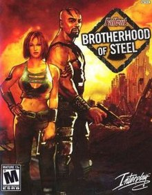 The box art for Fallout: Brotherhood of Steel. It features two people looking forward. A woman with her hand on her hips, and a man holding a gun. The background features a yellow/orange hue. The text Fallout: Brotherhood of Steel is displayed to the right of the two people, atop a radiation symbol.